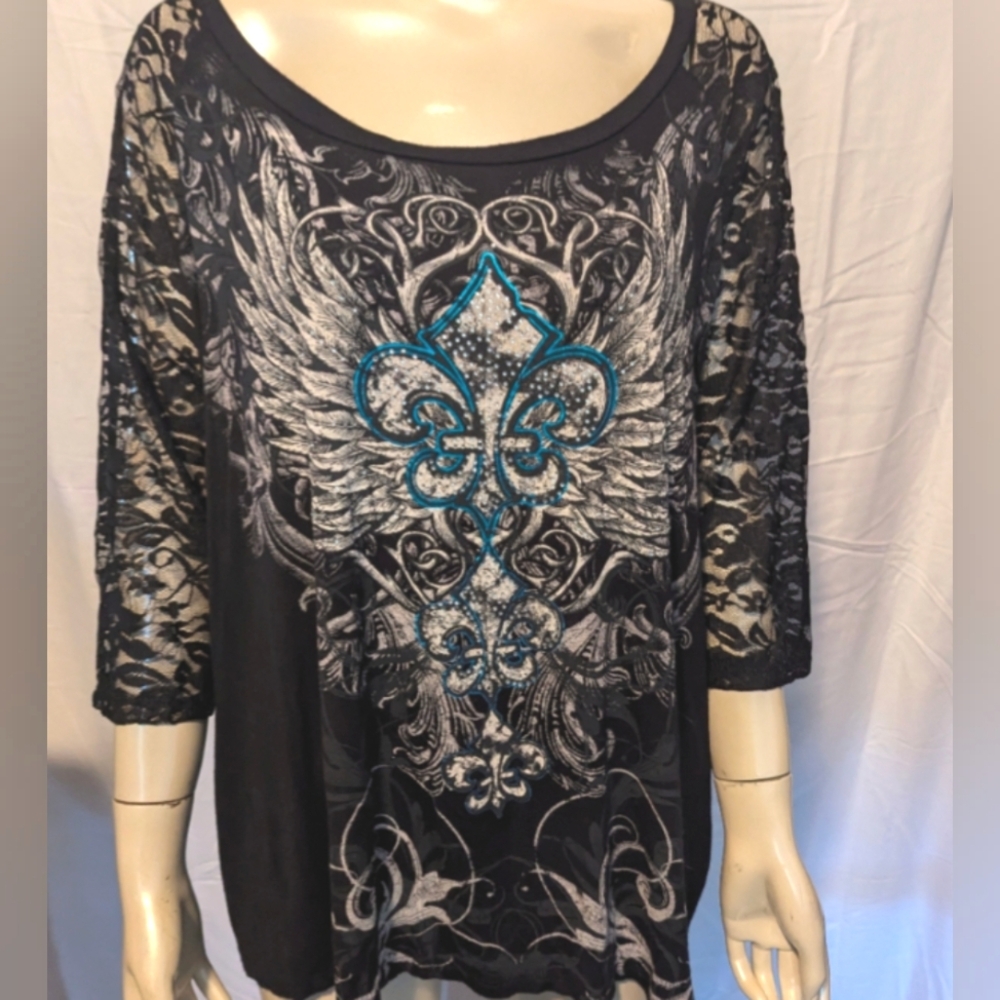 Red Ranch Black Blouse with Fleur-De-Lis Bling and Lace 3/4 Sleeves 2XL